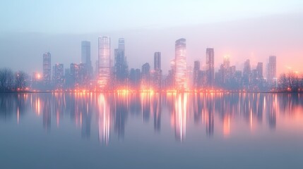 Naklejka premium Misty city skyline reflecting in calm water