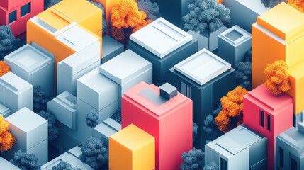 Obraz premium A vibrant abstract cityscape featuring colorful geometric buildings and stylized trees, creating a modern artistic representation of urban life.
