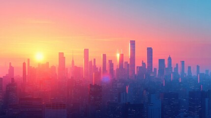 Fototapeta premium A vibrant city skyline at sunset, showcasing tall buildings against a colorful gradient sky with warm hues of orange, pink, and blue.