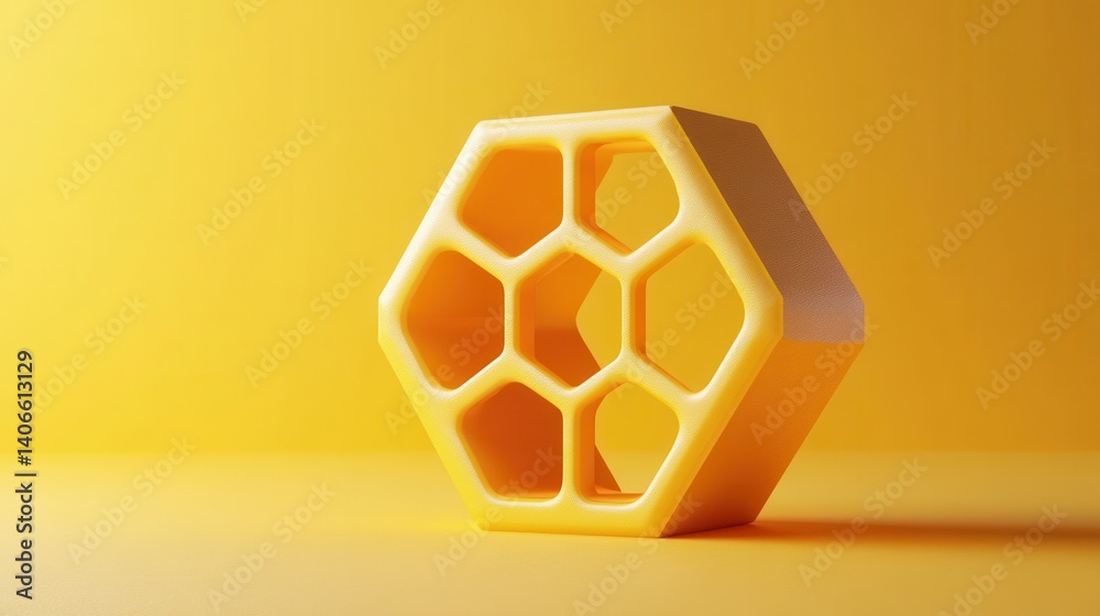 Poster a vibrant yellow object with a hexagonal shape, featuring multiple honeycomb-like openings, set agai