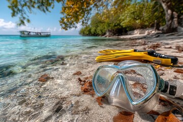 Scuba diving mask and fins resting on sandy beach with water  