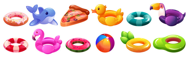 Swimming pool toys. Beach ring. Inflated buoys. Swim party. Inflatable summer flamingo. Rubber water duck or pink unicorn animal. Donut and avocado shapes. Vector cartoon lifebuoys set © SpicyTruffel
