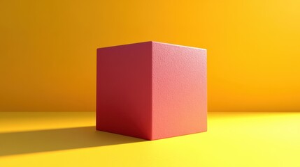 A vibrant red cube sits against a bright yellow background, creating a striking contrast in color and shape.