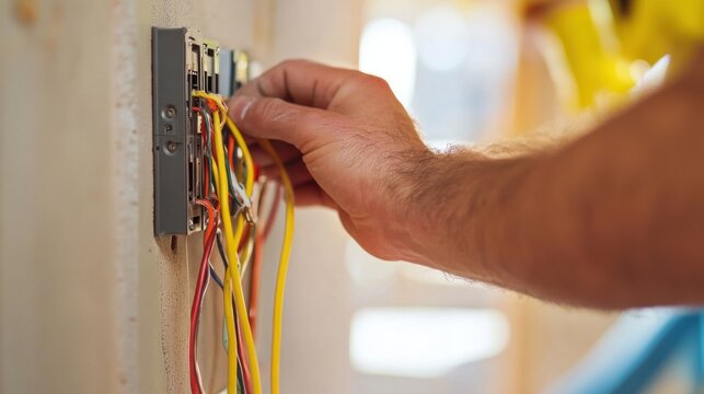 Electrician rewiring electrical sockets in a living room. Featuring rewiring and home safety