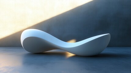 A sleek, modern sculpture placed on a minimalist surface, illuminated by soft lighting, showcasing its elegant curves and design.