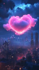 Obraz premium A neon pink heart-shaped cloud hovers over a city at night.