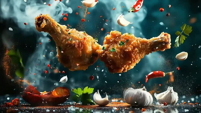 Two pieces of fried chicken float amidst garlic peppers spices herbs with a smoke like effect.