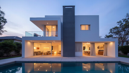 Modern minimalist house design with pool in serene lighting at dusk, showcasing elegant architecture and luxurious outdoor space