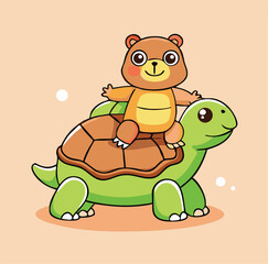 Obraz premium Cute Cartoon Bear Riding A Green Turtle In Friendship And Adventure Together
