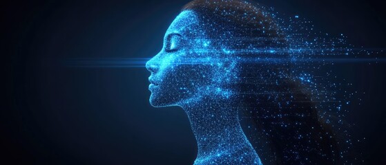 Obraz premium Female head, glowing dots, dark background, creating digital, futuristic, and conceptual abstract
