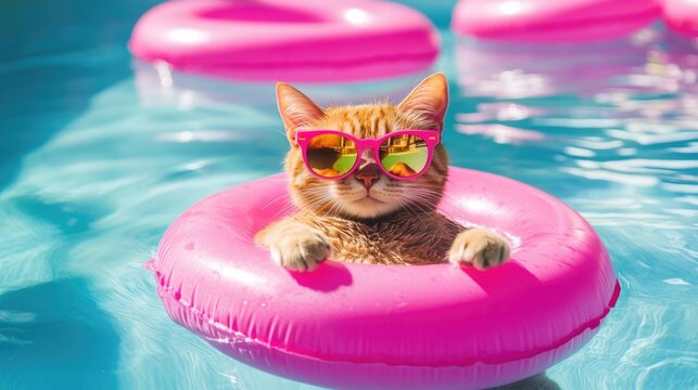 Orange cat relaxing in pool on pink float with sunglasses