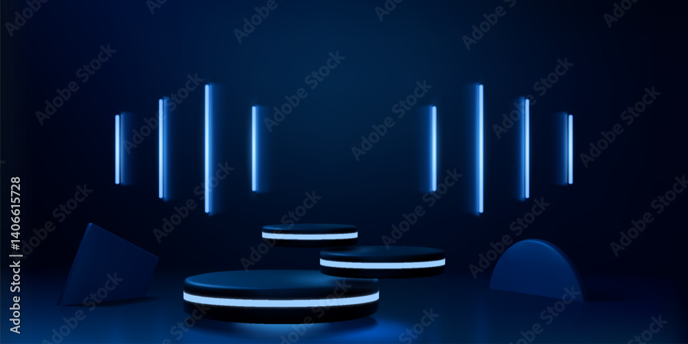 Poster Blue podium. 3D light product platform. Neon winner tech arena or hologram digital room. Futuristic empty showroom. Presentation stage. Hovering step pedestal. Vector render background