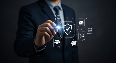 Businessman using digital interface to protect data, security, privacy, and financial information with digital shield icon and checklist.