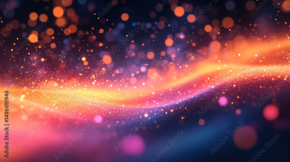 Poster a vibrant abstract image featuring glowing particles and waves of color, creating a dynamic and ench