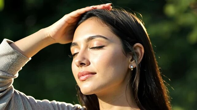 Portrait of a serene woman shielding her eyes from the sun with a gentle hand gesture outdoors