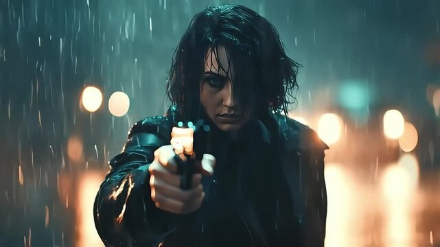 A girl points weapon in the rain with city lights reflecting in the background.