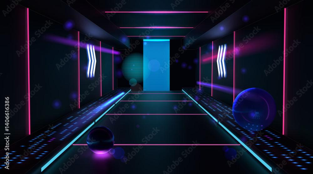 Aufkleber Digital technology. Future data center. Neon glow light. Information cloud database. Empty hall with door or portal. Cyber tech server gate. Cyberpunk 3D interior. Vector background