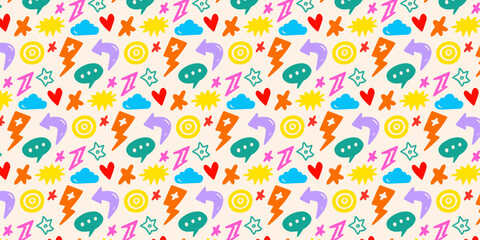 Trendy Doodle Art Background Monochrome Vector Pattern with Crowns, Love Hearts, Storm Clouds, Lightning, and Abstract Shapes