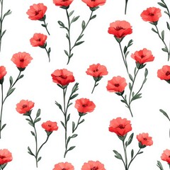 Seamless Coral Red Flowers and Green Stems Pattern on White