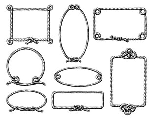 Rope frames. Oval lasso border. Marine boat outline sketch. Tangled knots. Rectangular cordage framework. Intertwined cord loop. Linear cable shapes set. Vector nautical style clipart © SpicyTruffel