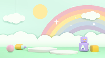 Cute background. 3D baby podium. Product platform or display in pastel scene. Children presentation render. Childish exhibition stage. Rainbow and sky clouds. Vector design nursery pedestal