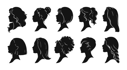 Woman profile. Girl black silhouette head side view. Women stylish hair. Female black outline ponytail. Beauty salon logo. Persons portrait. Glamour hairstyles. Vector lady icons set