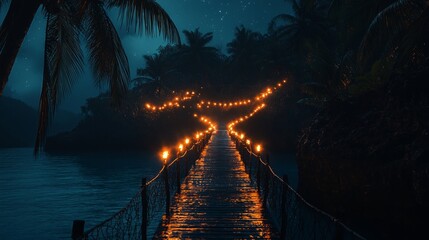 Fototapeta premium Enchanting Tropical Luxury Vacation Scene with Lit Pathway at Night