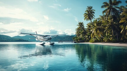 Tropical Luxury Vacation Scene with Floatplane by Palm Trees