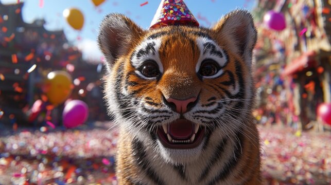 Joyful tiger cub celebrating at a festive party with colorful balloons and confetti