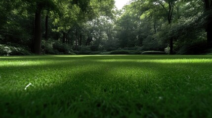 Naklejka premium Lush green lawn bathed in sunlight filtering through a dense forest canopy