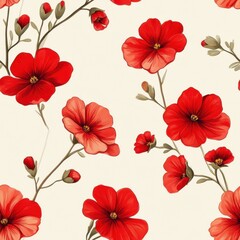 Watercolor Red Flowers Seamless Pattern on Cream Background