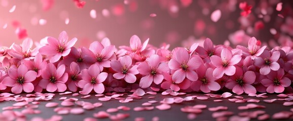 Obraz premium A cascade of pink blossoms and petals gently adorn a smooth, dark surface. Soft light