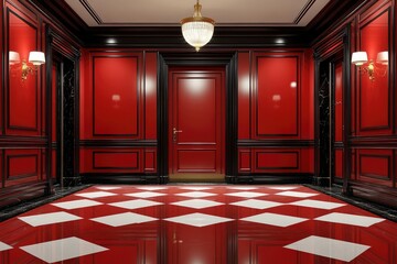 Fototapeta premium A symmetrical room with red walls, black trim, and diamond-patterned flooring