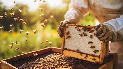A beekeeper tending to a thriving beehive, highlighting the role of pollinators in sustainable