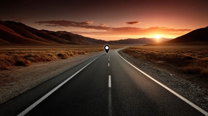 Quiet road cutting through empty terrain, glowing GPS icon above it, warm sunset tones coloring the sky and landscape