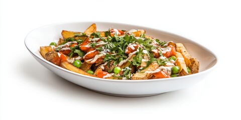 Delicious poutine in a white bowl on a plain background