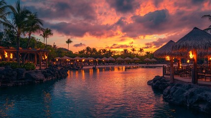 Fototapeta premium Tropical Luxury Vacation Sunset Over Calm Waters in Paradise Resort