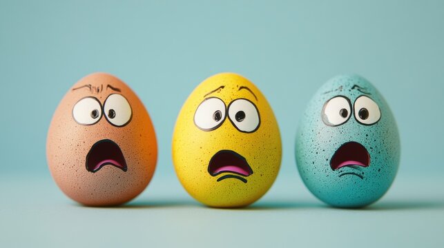 Three vibrant eggs with surprised faces on light blue background. Easter, Pascha, Paskha, Ostern, Pascua, Paques - Orthodox and Catholic Holiday celebration