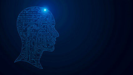 Obraz premium Digital human head silhouette with circuitry pattern representing artificial intelligence and technology innovation concepts