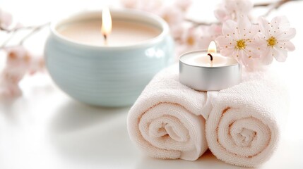 Spa serenity soft towels candles pastel colors wellness relaxation