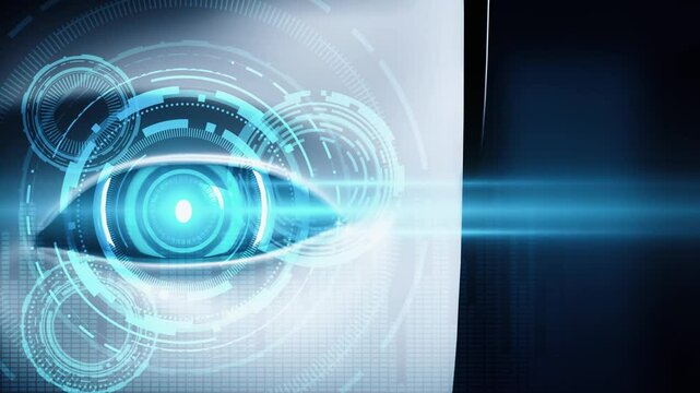 Robot hominoid face close up with graphic concept of big data analytic by AI thinking brain, artificial intelligence and machine learning process for the 4th fourth industrial revolution. 3D rendering