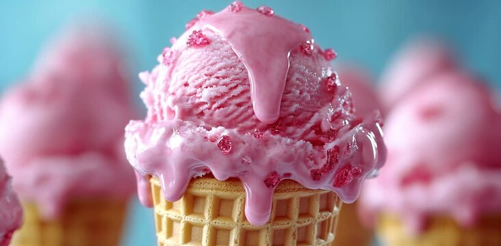 Delicioso cono de helado de fresa, color rosado, derriti&eacute;ndose lentamente mientras gira. 