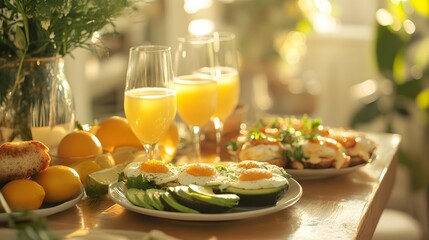 A brunch table with avocado toast, mimosas, and eggs benedict