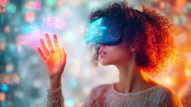 Mujer cabello rizado usando visor de realidad virtual futurista con cubos hologr&aacute;ficos flotantes, colores c&aacute;lidos