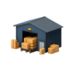 3D icon of a warehouse storage unit with stacked boxes at the entrance, grey building structure representing logistics, inventory, and industrial storage.