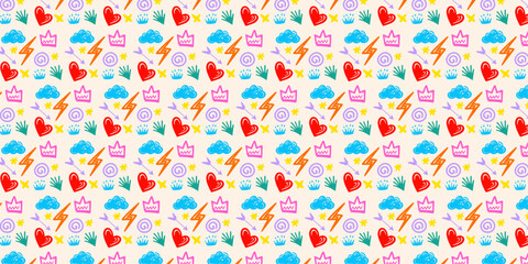 Trendy Doodle Art Background Monochrome Vector Pattern with Crowns, Love Hearts, Storm Clouds, Lightning, and Abstract Shapes