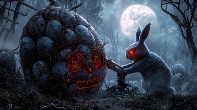 Creepy rabbit carving pumpkin in eerie forest under full moon. Easter, Pascha, Paskha, Ostern, Pascua, Paques - Orthodox and Catholic Holiday celebration