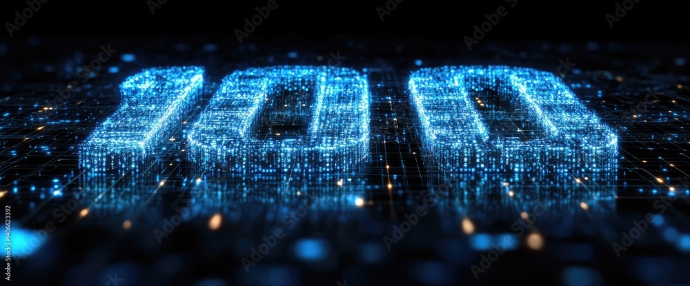 Wall mural luminous blue number 100 on dark digital background with scattered particles and circuitry effect