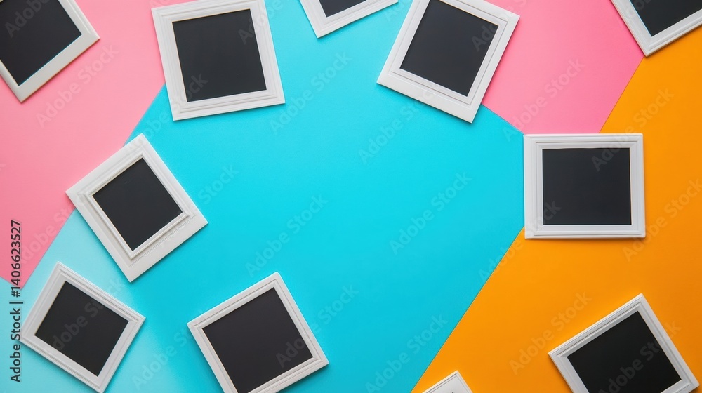 Poster colorful flat surface with white polaroid frames arranged for creative display and personal memories