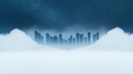 City nestled in clouds at night